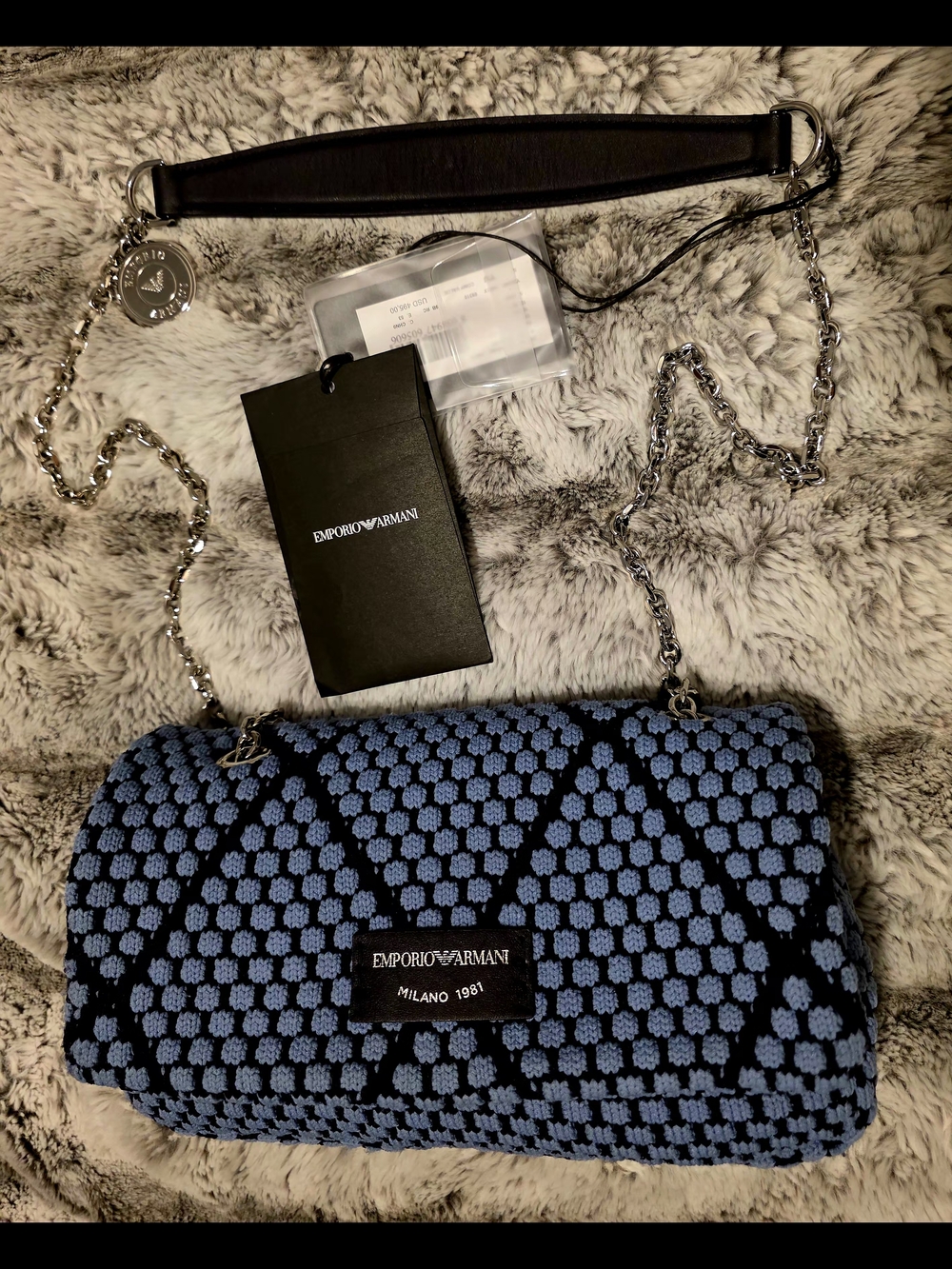 Emporio Armani Milano 1981 Blue Knit Shoulder Bag with Shiny Chain & EA Emblem